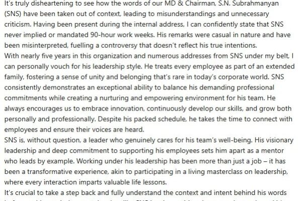 ‘It is very disappointing…’: L&T’s HR head clarifies on Chairman Subramanian’s statement about 90 hours work